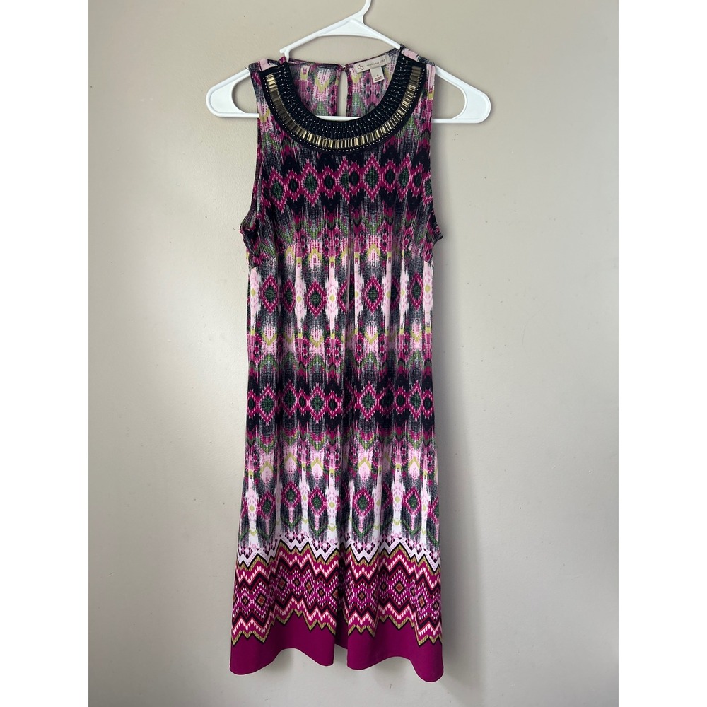CB Established 1962 Dress, Sleeveless Jewel Neckline, Pink Purple‎ Ikat Print